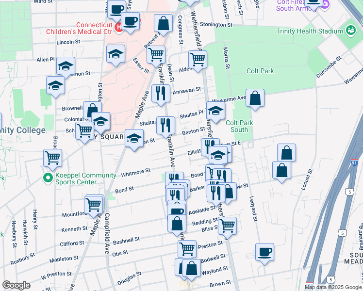 map of restaurants, bars, coffee shops, grocery stores, and more near 174 Franklin Avenue in Hartford