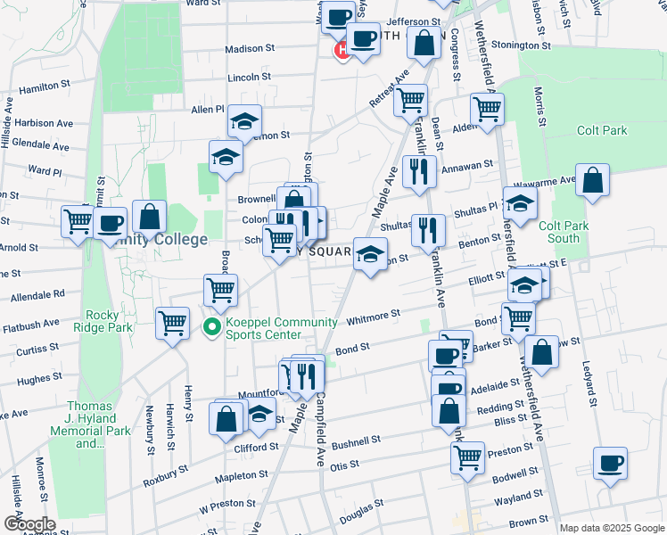 map of restaurants, bars, coffee shops, grocery stores, and more near in Hartford