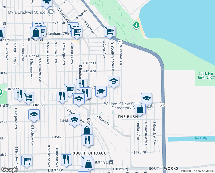 map of restaurants, bars, coffee shops, grocery stores, and more near 8159 South Coles Avenue in Chicago