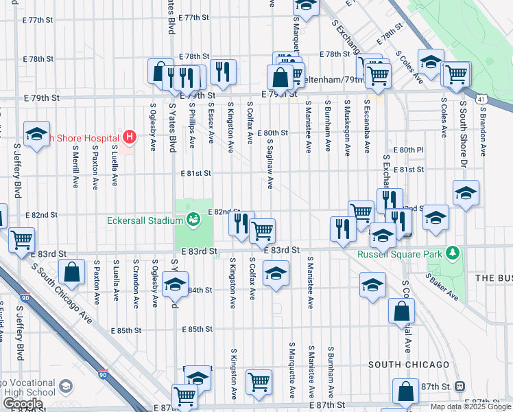 map of restaurants, bars, coffee shops, grocery stores, and more near 2600 East 82nd Street in Chicago
