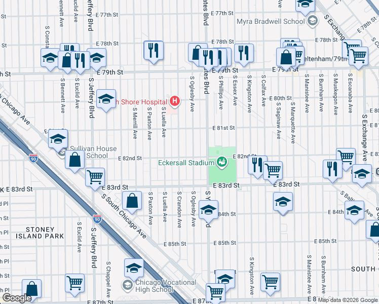 map of restaurants, bars, coffee shops, grocery stores, and more near 8157 South Oglesby Avenue in Chicago
