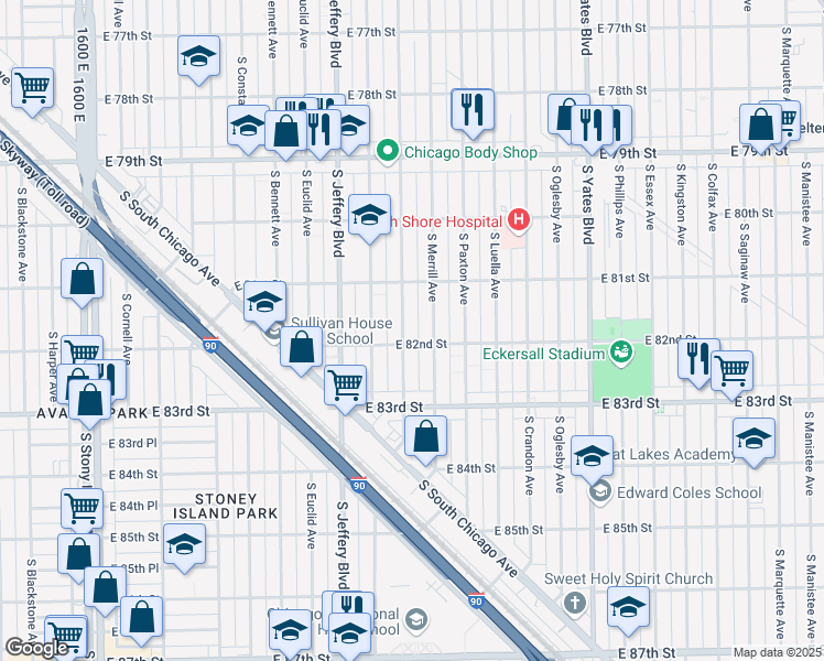 map of restaurants, bars, coffee shops, grocery stores, and more near 8147 South Clyde Avenue in Chicago