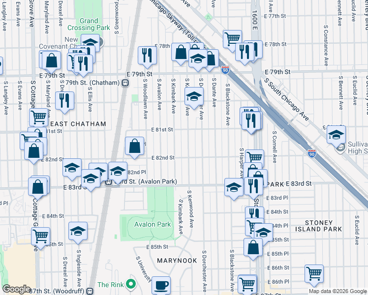 map of restaurants, bars, coffee shops, grocery stores, and more near 8141 South Kimbark Avenue in Chicago