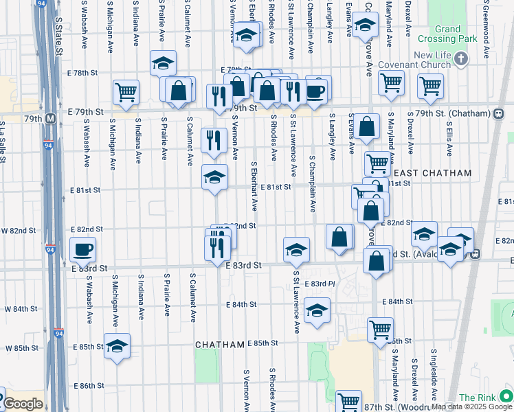map of restaurants, bars, coffee shops, grocery stores, and more near 8135 South Eberhart Avenue in Chicago