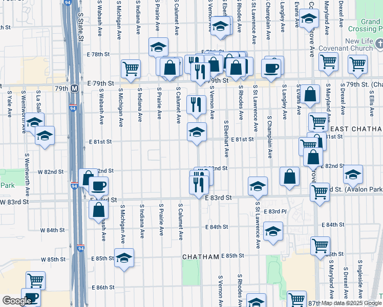 map of restaurants, bars, coffee shops, grocery stores, and more near 8128 South King Drive in Chicago
