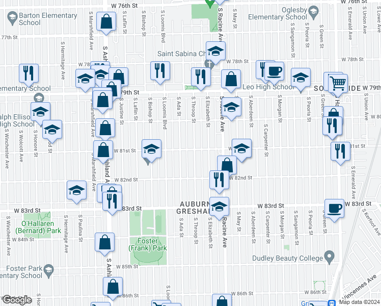 map of restaurants, bars, coffee shops, grocery stores, and more near 8109 South Ada Street in Chicago