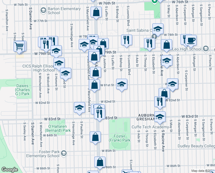 map of restaurants, bars, coffee shops, grocery stores, and more near 1515 West 81st Street in Chicago
