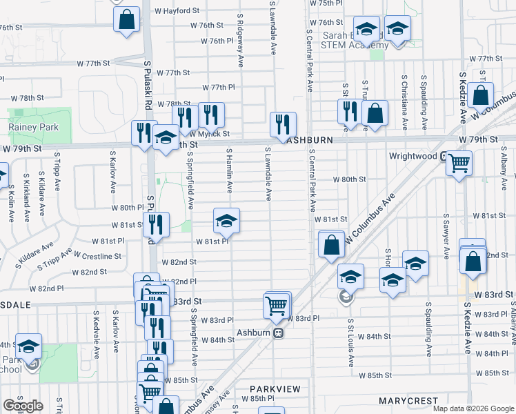 map of restaurants, bars, coffee shops, grocery stores, and more near 3721 West 80th Place in Chicago