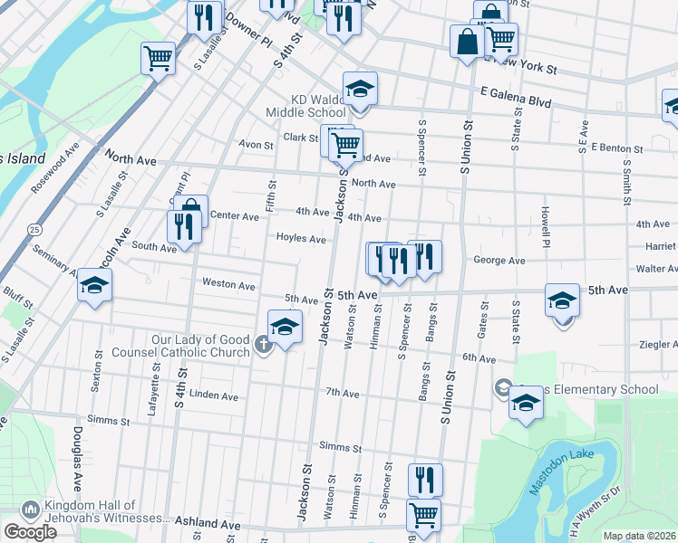 map of restaurants, bars, coffee shops, grocery stores, and more near 458 Jackson Street in Aurora