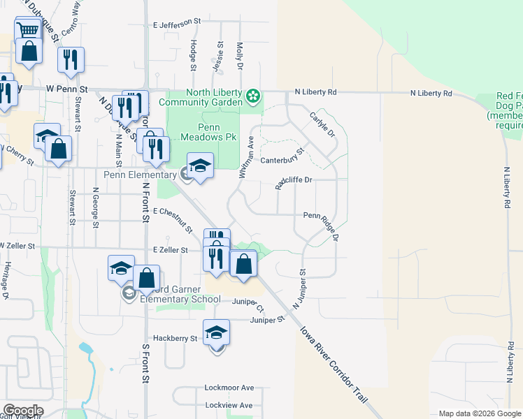 map of restaurants, bars, coffee shops, grocery stores, and more near 370 Penn Ridge Drive in North Liberty