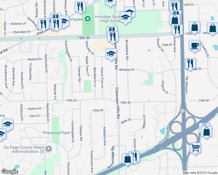 map of restaurants, bars, coffee shops, grocery stores, and more near 7800 Sugarbush Lane in Willowbrook