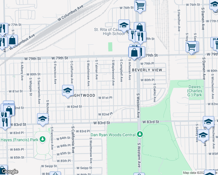 map of restaurants, bars, coffee shops, grocery stores, and more near 2548 West 81st Street in Chicago