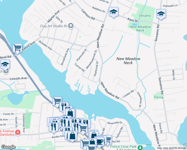map of restaurants, bars, coffee shops, grocery stores, and more near 15 Starbrook Drive in Barrington