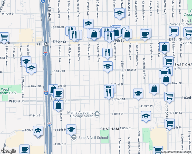 map of restaurants, bars, coffee shops, grocery stores, and more near 8126 South Calumet Avenue in Chicago