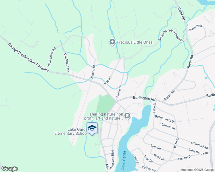 map of restaurants, bars, coffee shops, grocery stores, and more near 38 George Washington Turnpike in Burlington
