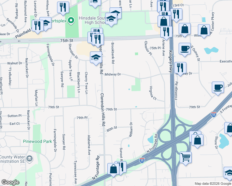 map of restaurants, bars, coffee shops, grocery stores, and more near 7769 Brookbank Road in Willowbrook