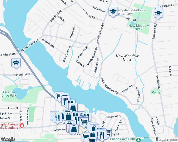 map of restaurants, bars, coffee shops, grocery stores, and more near 30 Meadowbrook Drive in Barrington