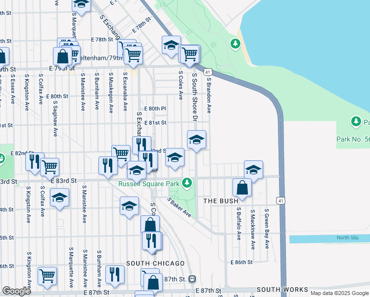 map of restaurants, bars, coffee shops, grocery stores, and more near 8159 South Coles Avenue in Chicago