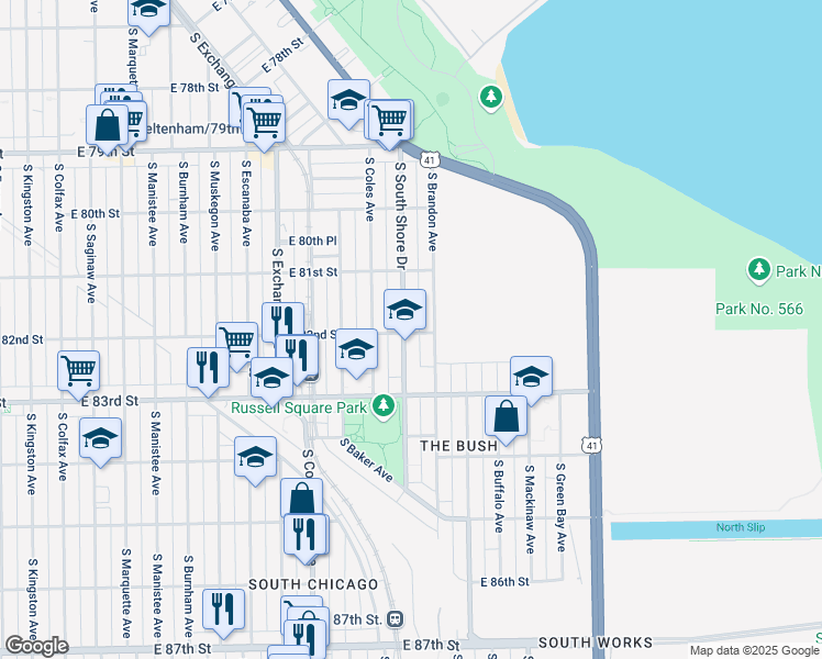map of restaurants, bars, coffee shops, grocery stores, and more near 8159 South South Shore Drive in Chicago