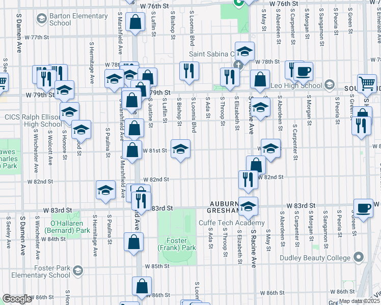 map of restaurants, bars, coffee shops, grocery stores, and more near 8100 South Loomis Boulevard in Chicago