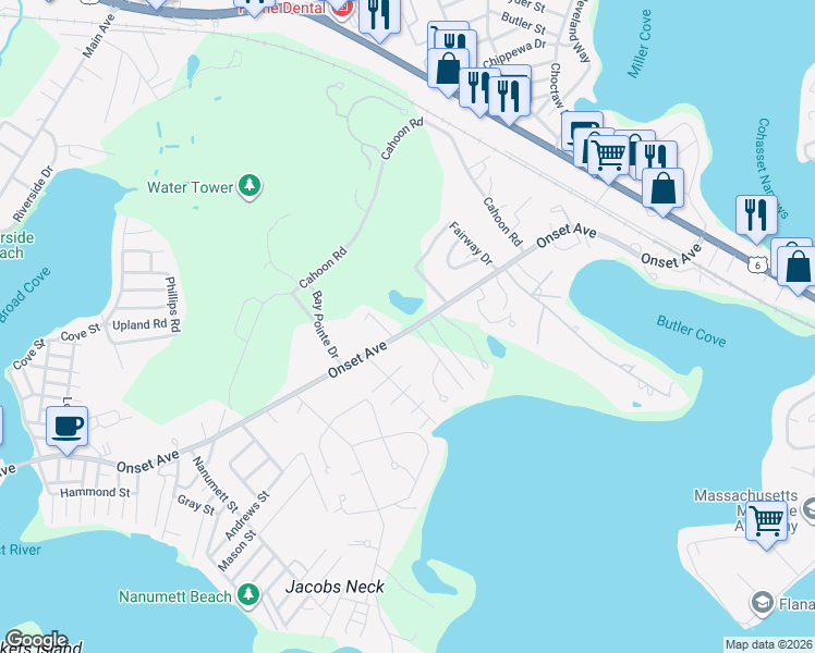 map of restaurants, bars, coffee shops, grocery stores, and more near 70 Onset Avenue in Wareham