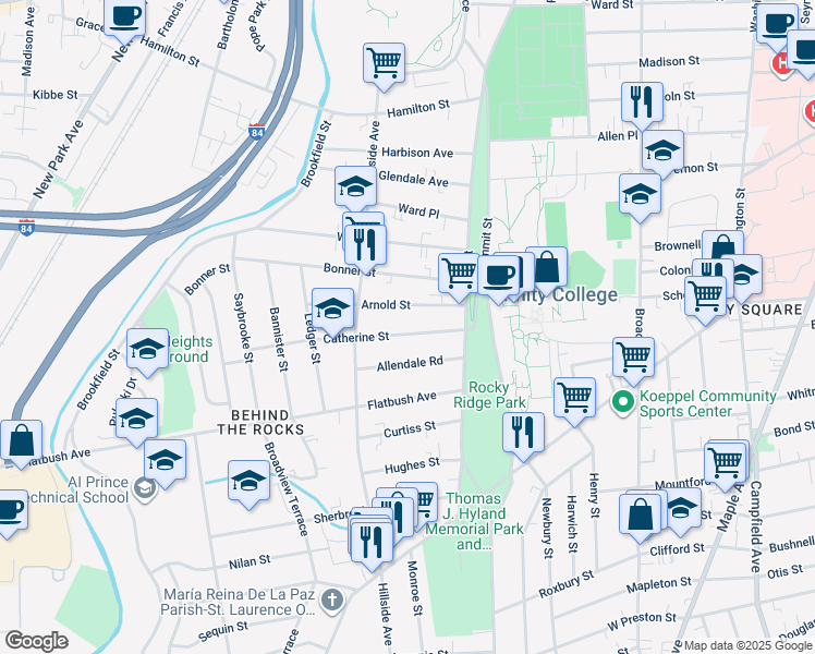 map of restaurants, bars, coffee shops, grocery stores, and more near 50 Catherine Street in Hartford