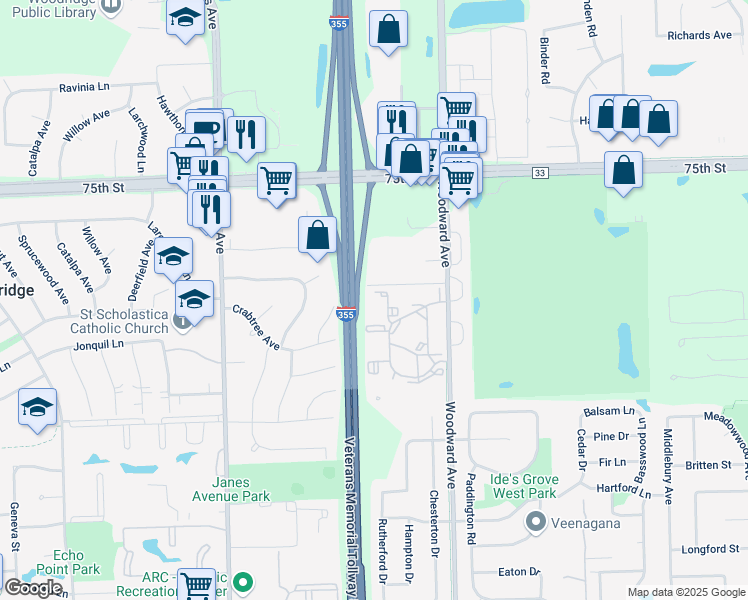 map of restaurants, bars, coffee shops, grocery stores, and more near 2082 Country Club Drive in Woodridge