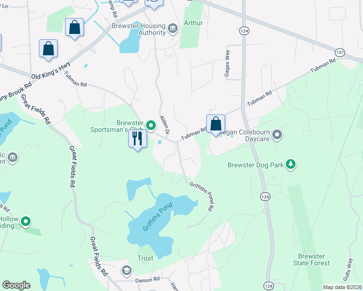 map of restaurants, bars, coffee shops, grocery stores, and more near 354 Tubman Road in Brewster