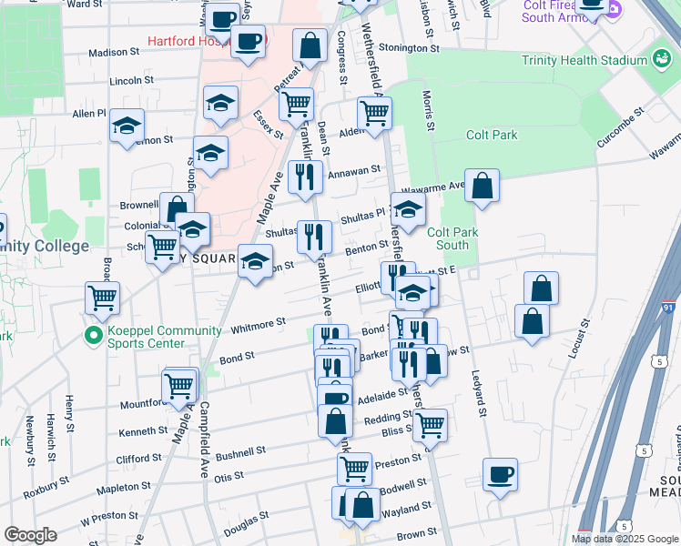 map of restaurants, bars, coffee shops, grocery stores, and more near 174 Franklin Avenue in Hartford