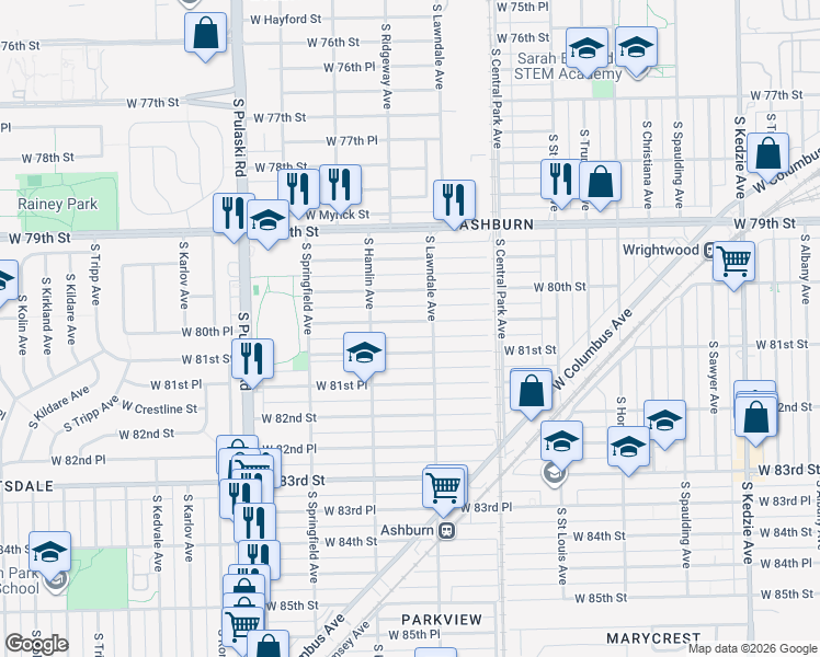 map of restaurants, bars, coffee shops, grocery stores, and more near 3721 West 80th Place in Chicago