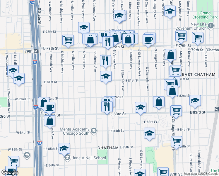 map of restaurants, bars, coffee shops, grocery stores, and more near 8128 South King Drive in Chicago