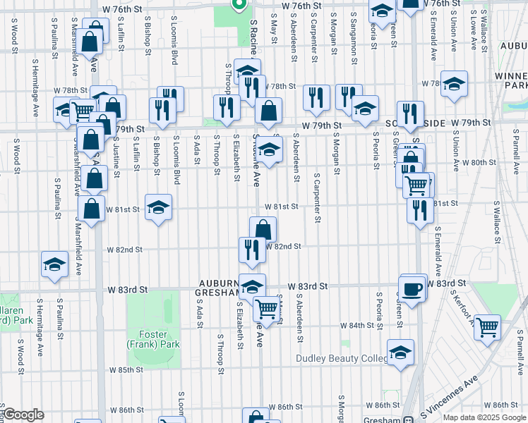 map of restaurants, bars, coffee shops, grocery stores, and more near 8108 South May Street in Chicago