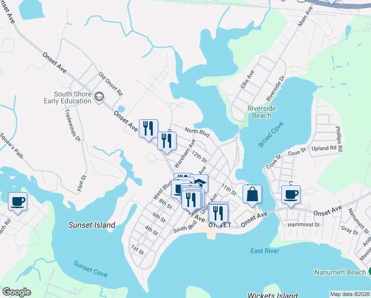 map of restaurants, bars, coffee shops, grocery stores, and more near 24 Wareham Avenue in Wareham