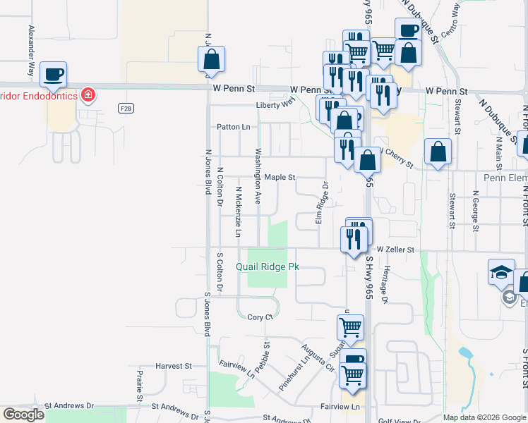map of restaurants, bars, coffee shops, grocery stores, and more near 200 Washington Avenue in North Liberty