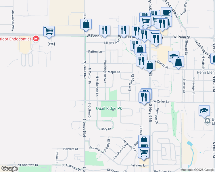 map of restaurants, bars, coffee shops, grocery stores, and more near 200 Washington Avenue in North Liberty