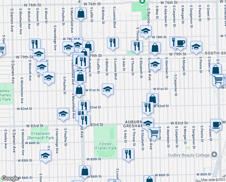 map of restaurants, bars, coffee shops, grocery stores, and more near 1407 West 81st Street in Chicago