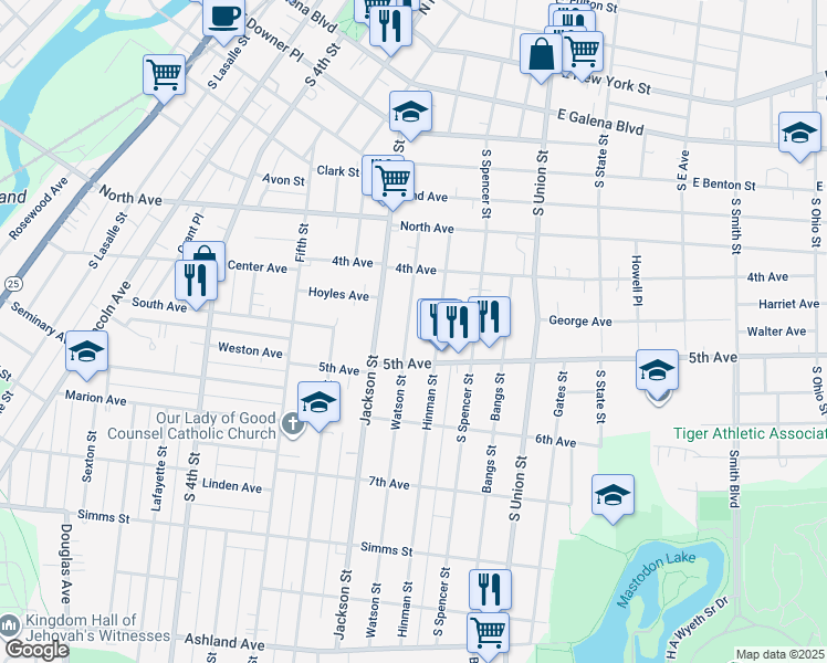 map of restaurants, bars, coffee shops, grocery stores, and more near 450 Watson Street in Aurora