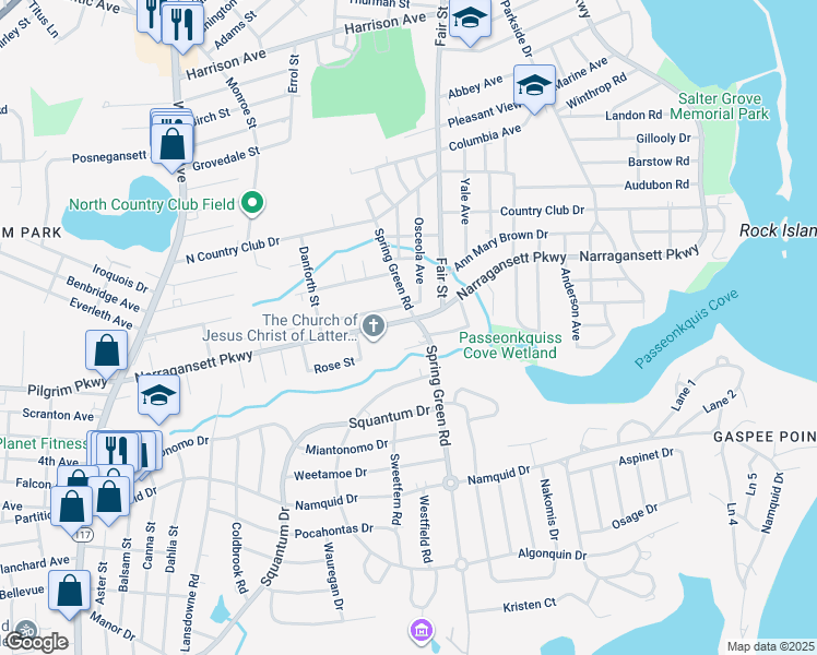 map of restaurants, bars, coffee shops, grocery stores, and more near 956 Narragansett Parkway in Warwick