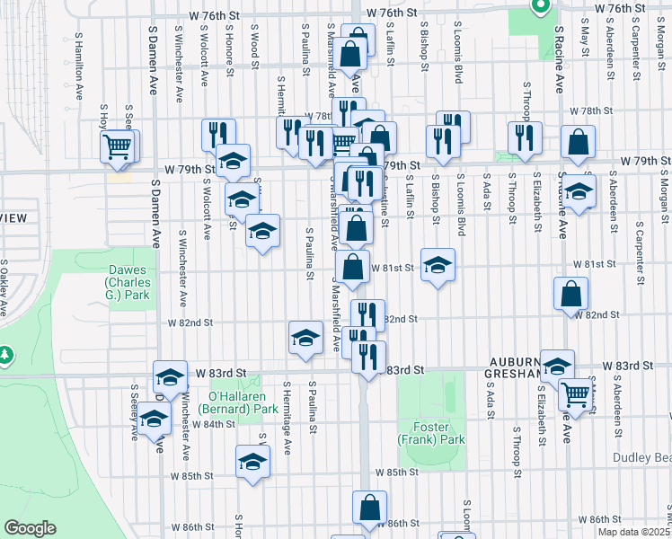 map of restaurants, bars, coffee shops, grocery stores, and more near S Marshfield Ave & W 81st St in Chicago