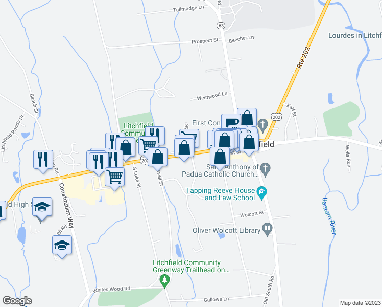 map of restaurants, bars, coffee shops, grocery stores, and more near 22 Spencer Street in Litchfield