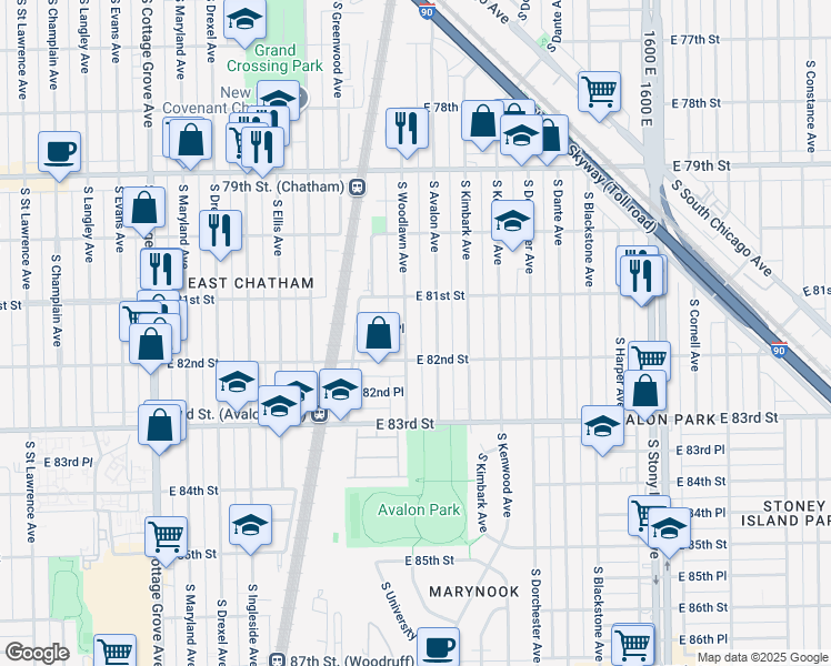 map of restaurants, bars, coffee shops, grocery stores, and more near 8140 South Woodlawn Avenue in Chicago