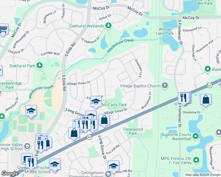 map of restaurants, bars, coffee shops, grocery stores, and more near 3077 Barnstable Court in Aurora