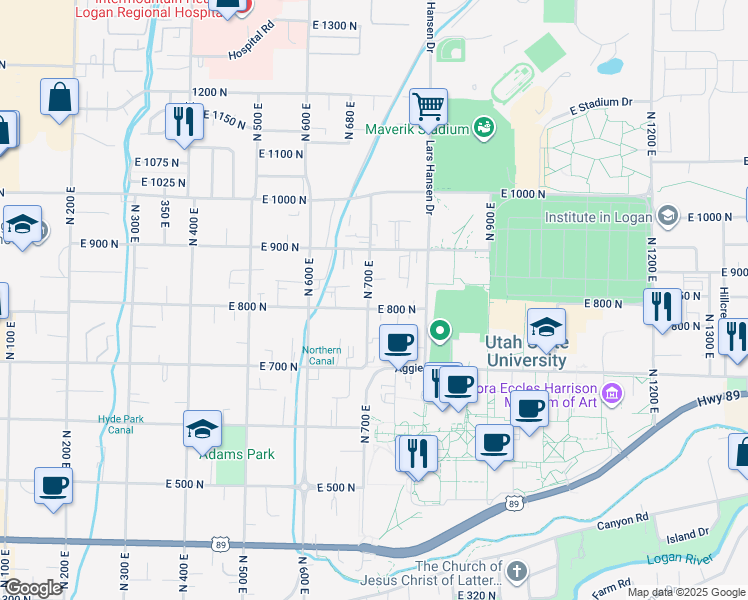 map of restaurants, bars, coffee shops, grocery stores, and more near 723 East 800 North in Logan