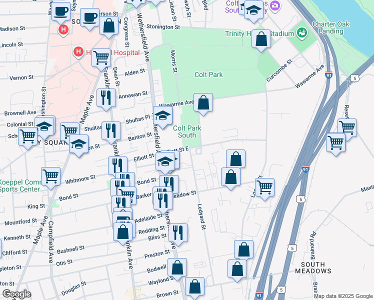map of restaurants, bars, coffee shops, grocery stores, and more near 65 Elliott Street East in Hartford