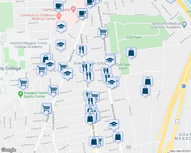 map of restaurants, bars, coffee shops, grocery stores, and more near 22 Elliott Street in Hartford
