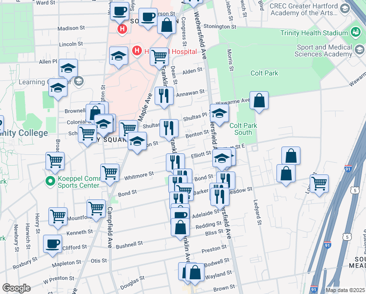 map of restaurants, bars, coffee shops, grocery stores, and more near 174 Franklin Avenue in Hartford