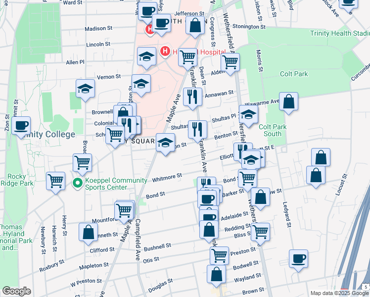 map of restaurants, bars, coffee shops, grocery stores, and more near 14 Warner Street in Hartford