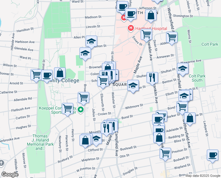 map of restaurants, bars, coffee shops, grocery stores, and more near 33 New Britain Avenue in Hartford