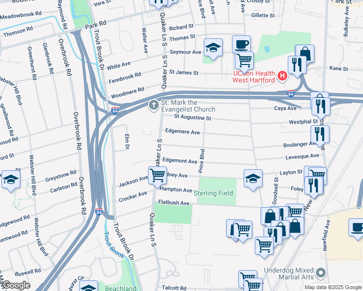 map of restaurants, bars, coffee shops, grocery stores, and more near 133 Englewood Avenue in West Hartford