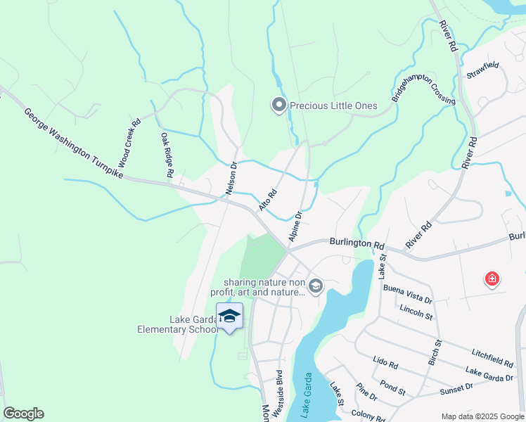 map of restaurants, bars, coffee shops, grocery stores, and more near 45 George Washington Turnpike in Burlington